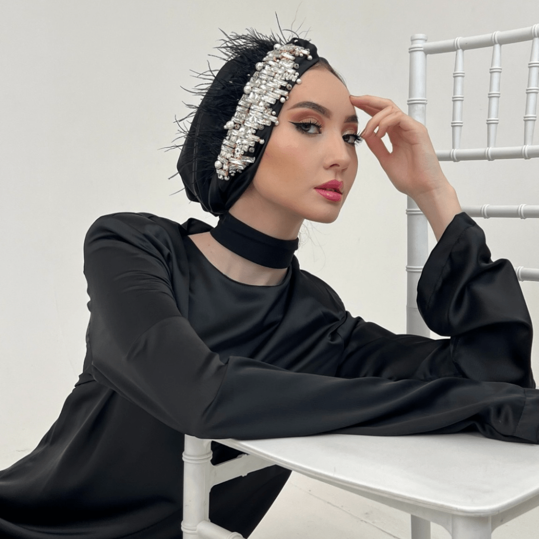 Black Premium Satin Turban with Diamond Accents – Statement Headwrap - Onestep Beauty Bar