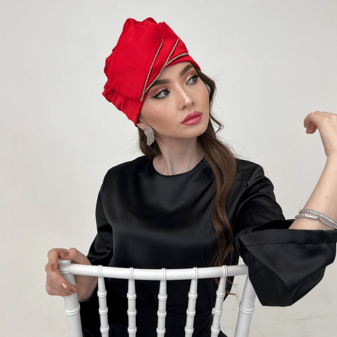 Premium Red Satin Turban – Spiral Flower Statement Headwrap with Crystal Accents - Onestep Beauty Bar