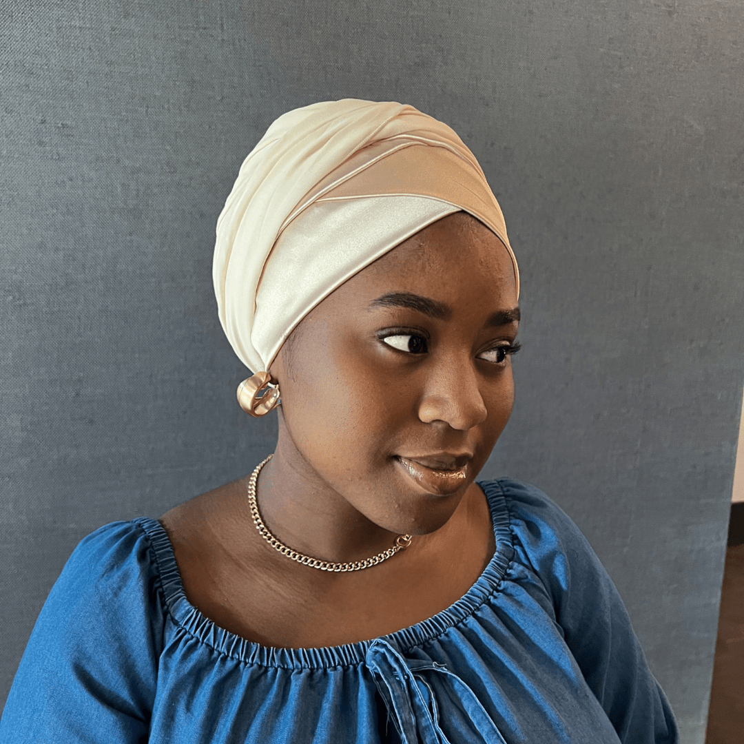 Satin Drape Hybrid Wrap – Turban with Flowing Scarf Detail - Onestep Beauty Bar