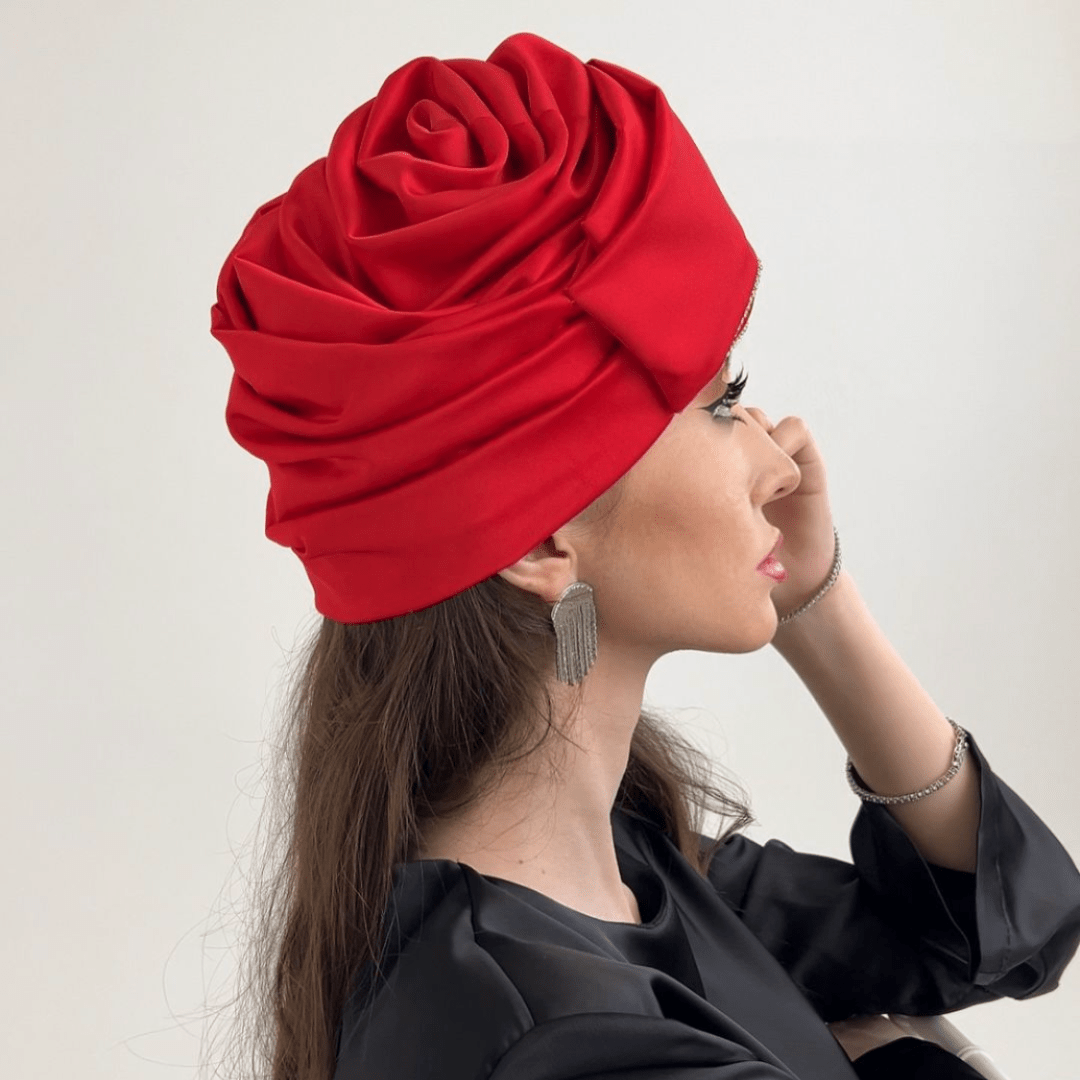 Premium Red Satin Turban – Spiral Flower Statement Headwrap with Crystal Accents - Onestep Beauty Bar