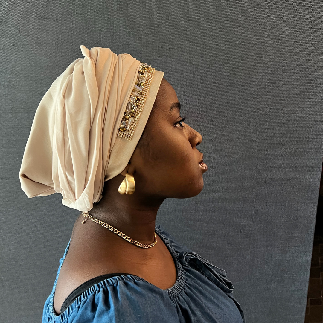 Embellished Satin Hybrid Wrap – Turban with Flowing Drape Onestep Beauty Bar