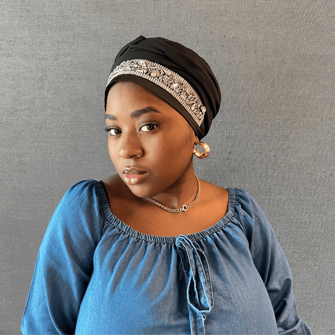 Embellished Satin Hybrid Wrap – Turban with Flowing Drape - Onestep Beauty Bar