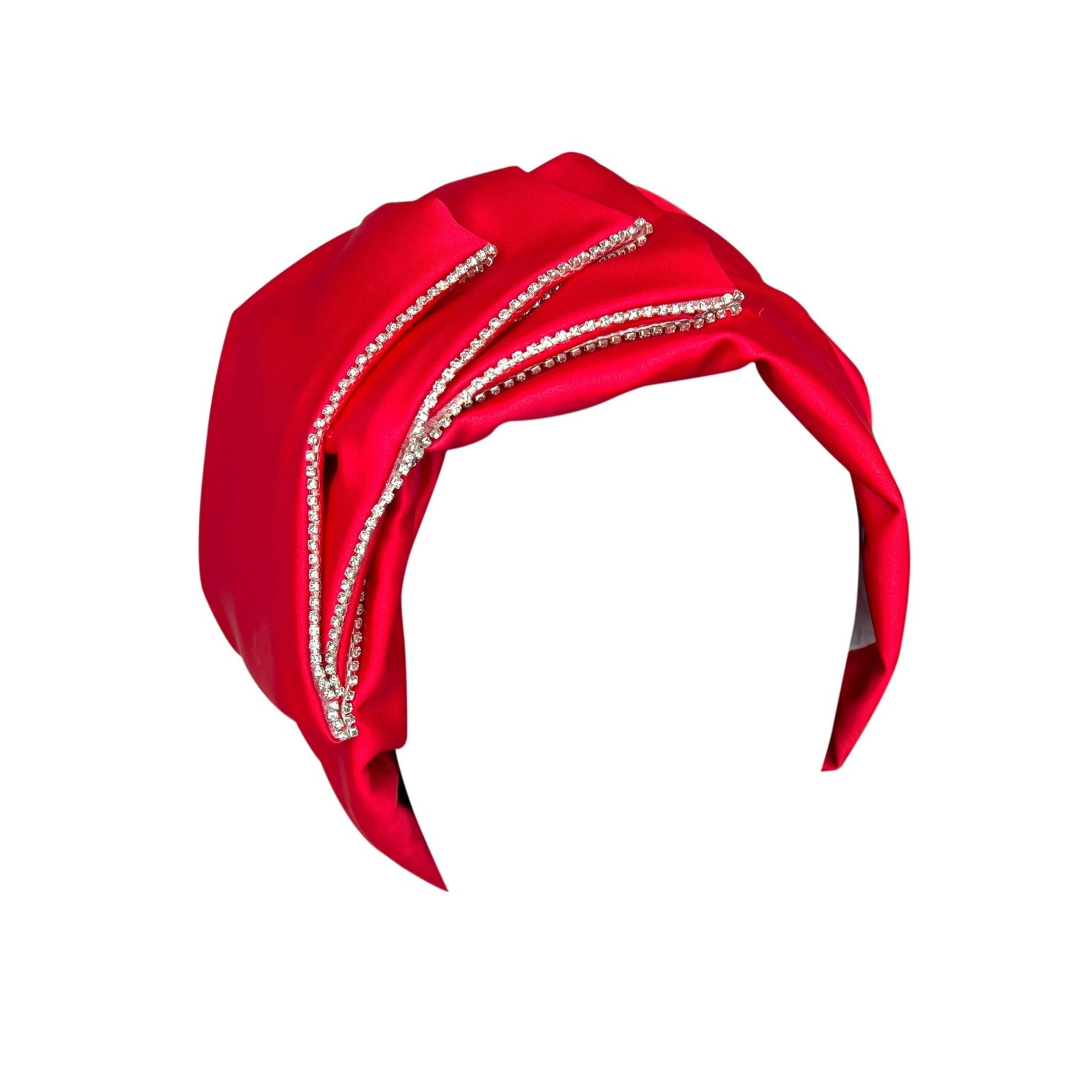 Premium Red Satin Turban – Spiral Flower Statement Headwrap with Crystal Accents - Onestep Beauty Bar