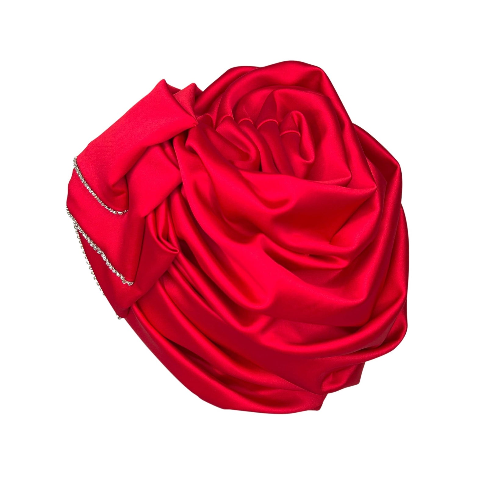 Premium Red Satin Turban – Spiral Flower Statement Headwrap with Crystal Accents - Onestep Beauty Bar