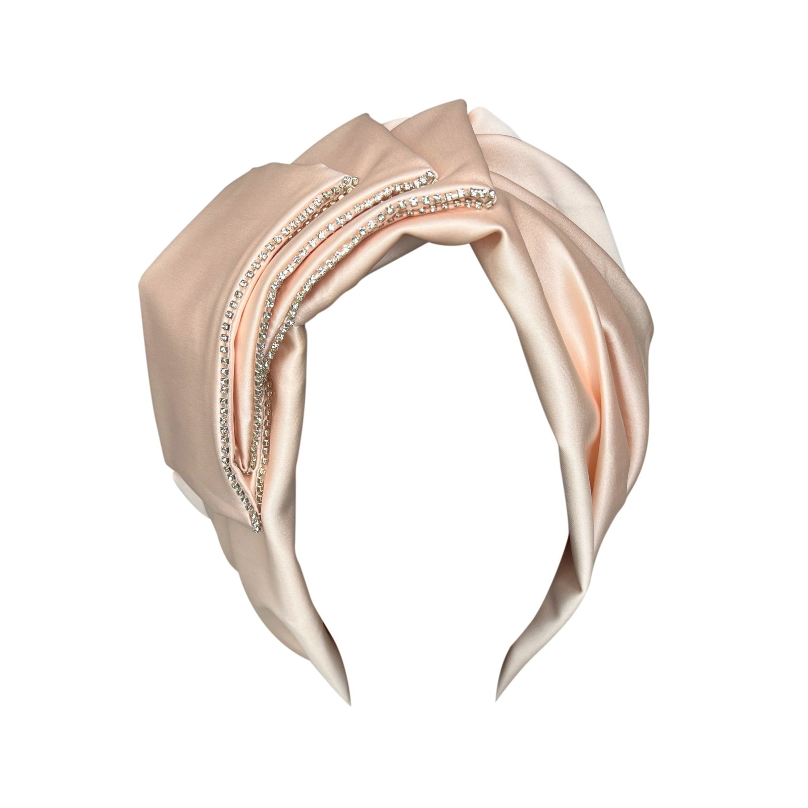 Premium Creamy Pink Satin Turban – Spiral Flower Statement Headwrap with Crystal Accents - Onestep Beauty Bar