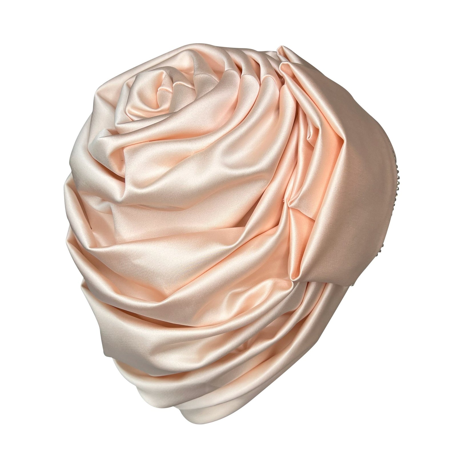 Premium Creamy Pink Satin Turban – Spiral Flower Statement Headwrap with Crystal Accents - Onestep Beauty Bar
