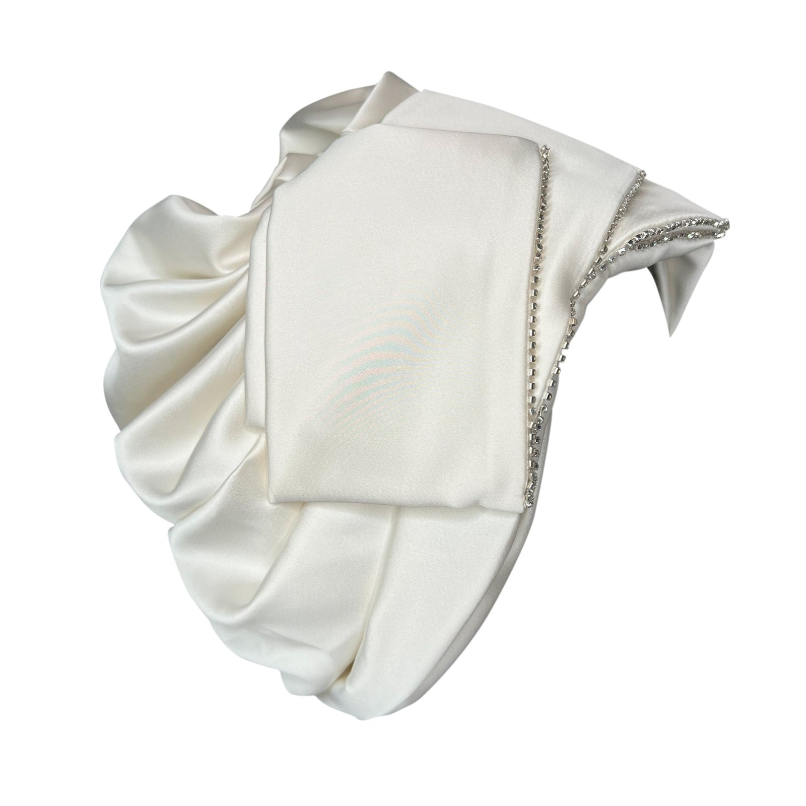 Premium White Satin Turban – Spiral Flower Statement Headwrap with Crystal Accents - Onestep Beauty Bar