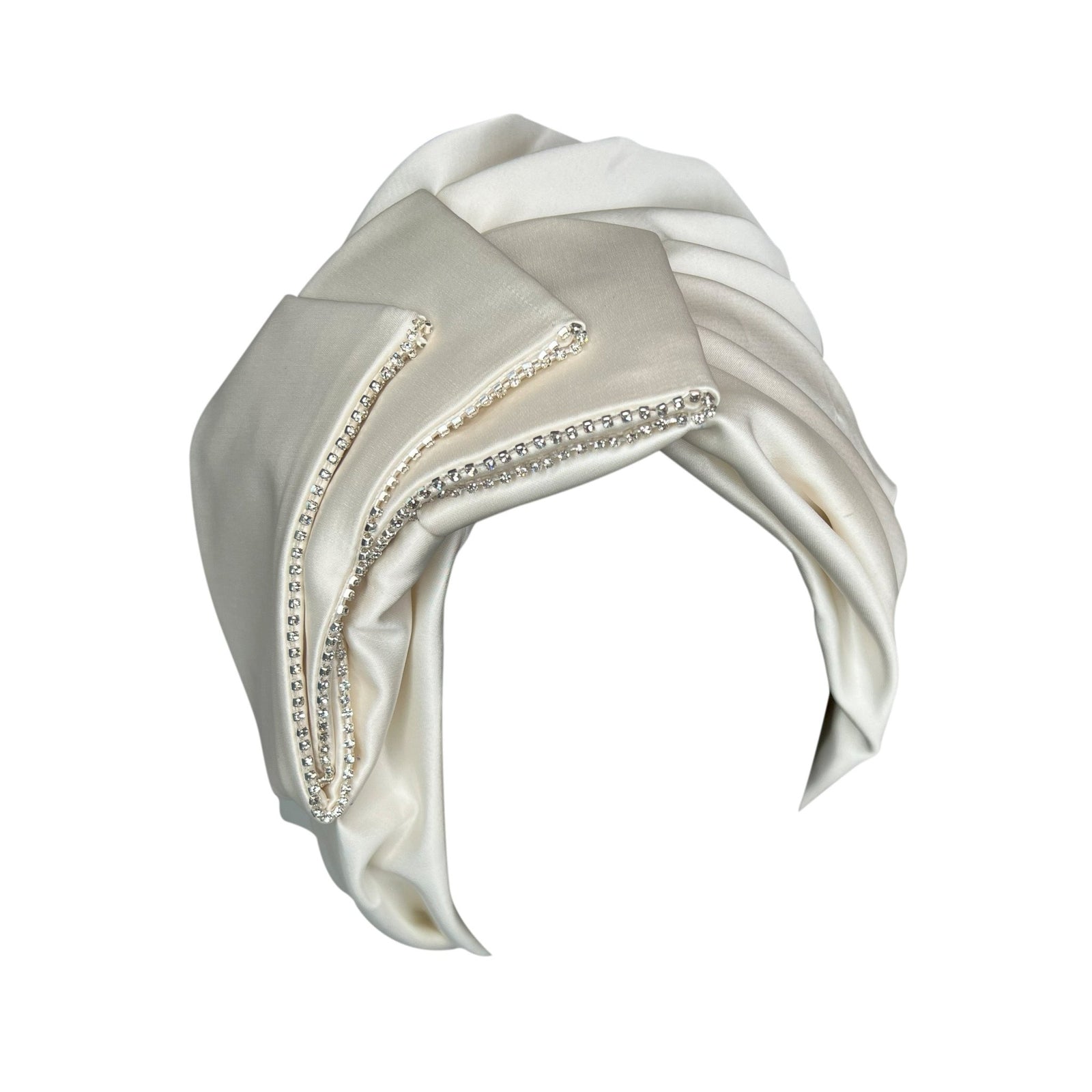 Premium White Satin Turban – Spiral Flower Statement Headwrap with Crystal Accents - Onestep Beauty Bar