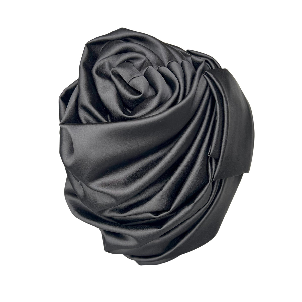 Premium Black Satin Turban – Spiral Flower Statement Headwrap with Crystal Accents - Onestep Beauty Bar
