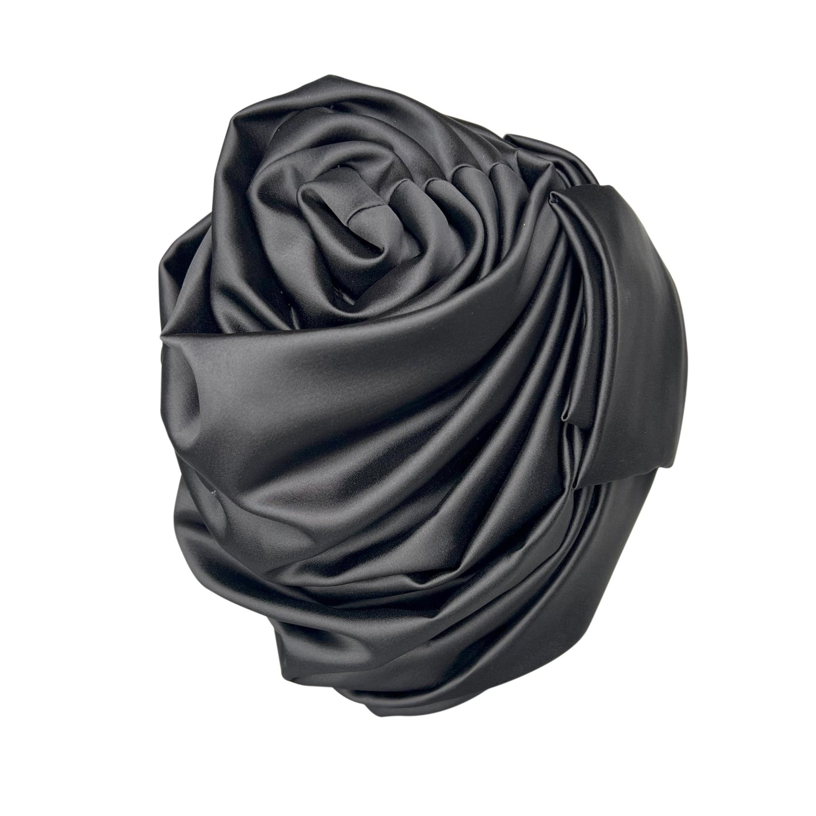 Premium Black Satin Turban – Spiral Flower Statement Headwrap with Crystal Accents - Onestep Beauty Bar