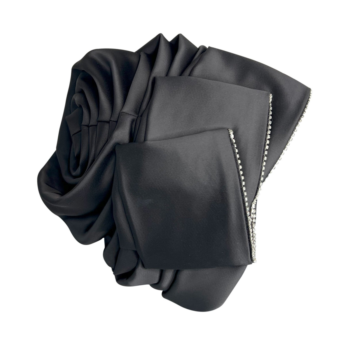 Premium Black Satin Turban – Spiral Flower Statement Headwrap with Crystal Accents - Onestep Beauty Bar