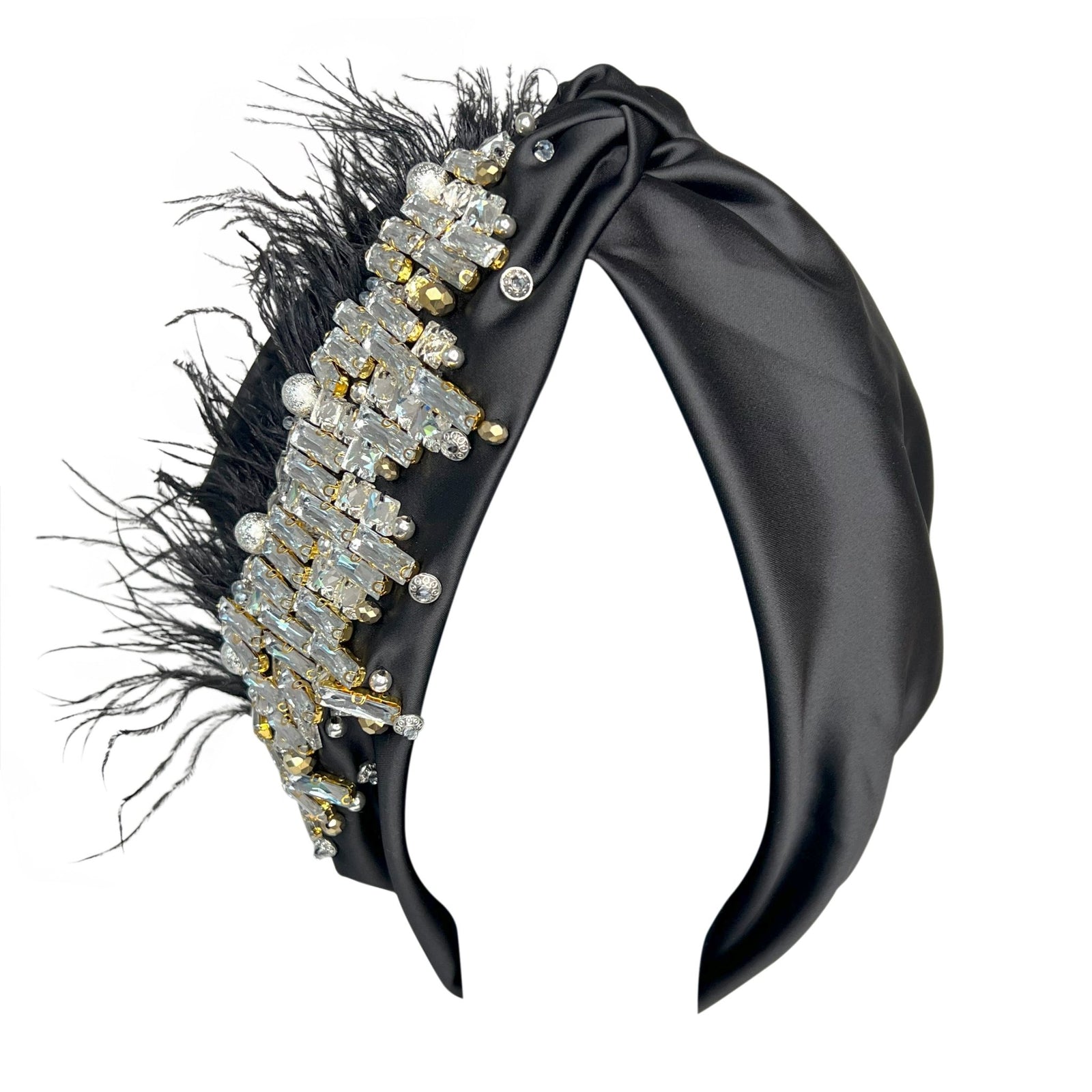 Black Premium Satin Turban with Diamond Accents – Statement Headwrap - Onestep Beauty Bar